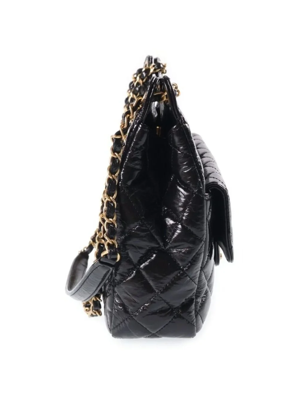 Chanel Hobo Quilted Chain Shoulder Bag Black Shiny Calfskin Gold